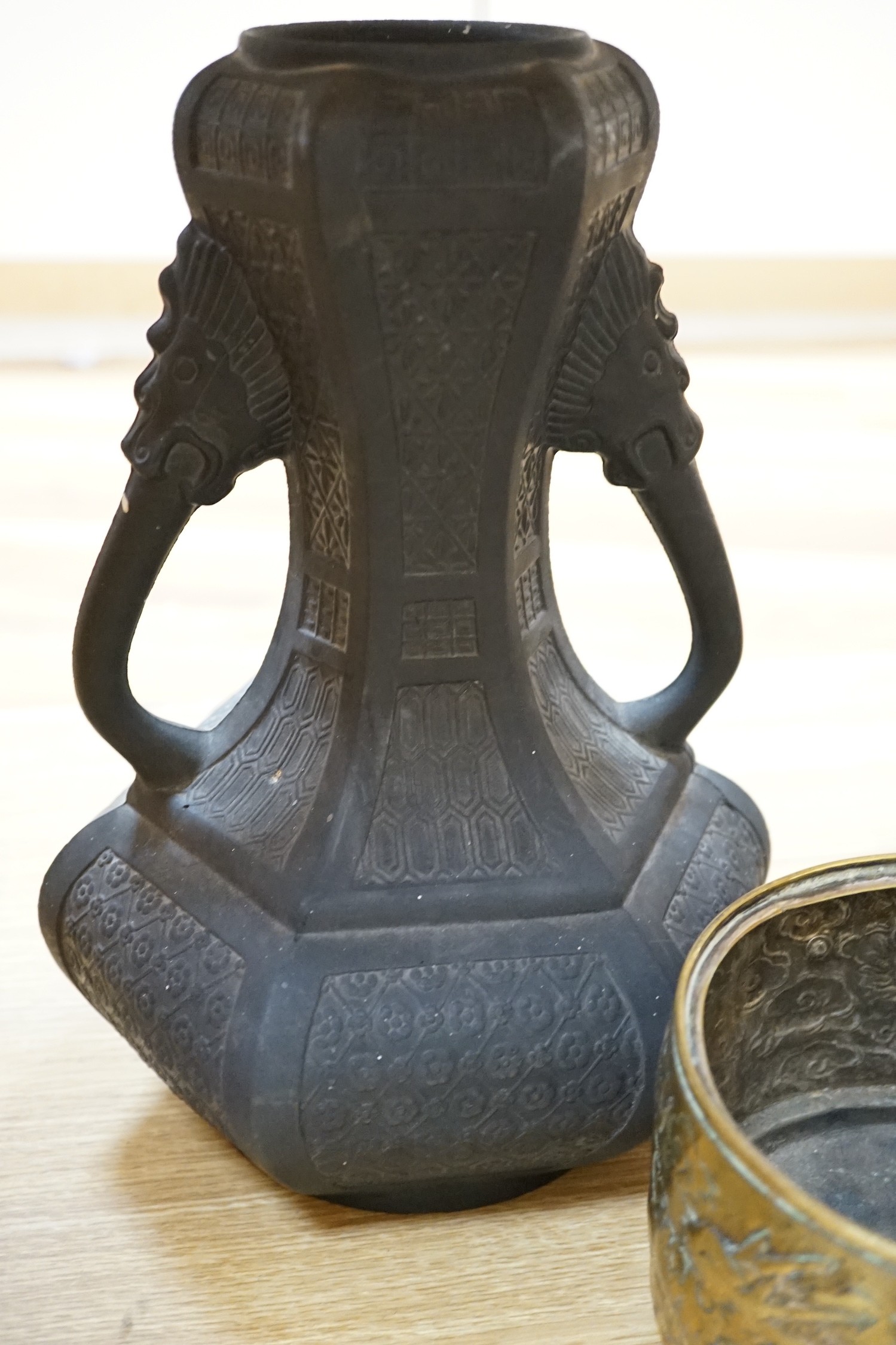 A Chinese copper and brass jardiniere and a faux bronze type vase